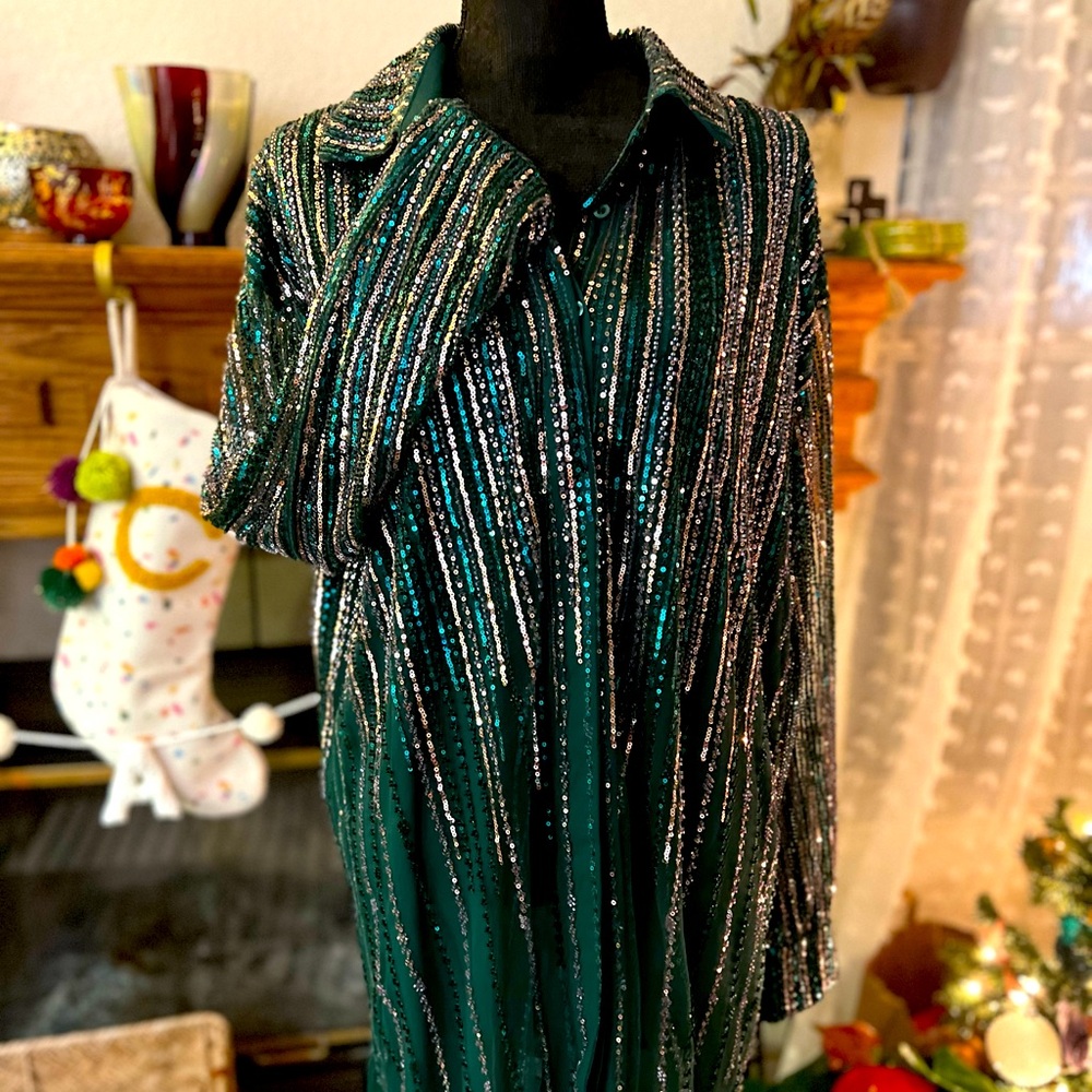 Anthropologie Emerald Green Sequin Striped Dress